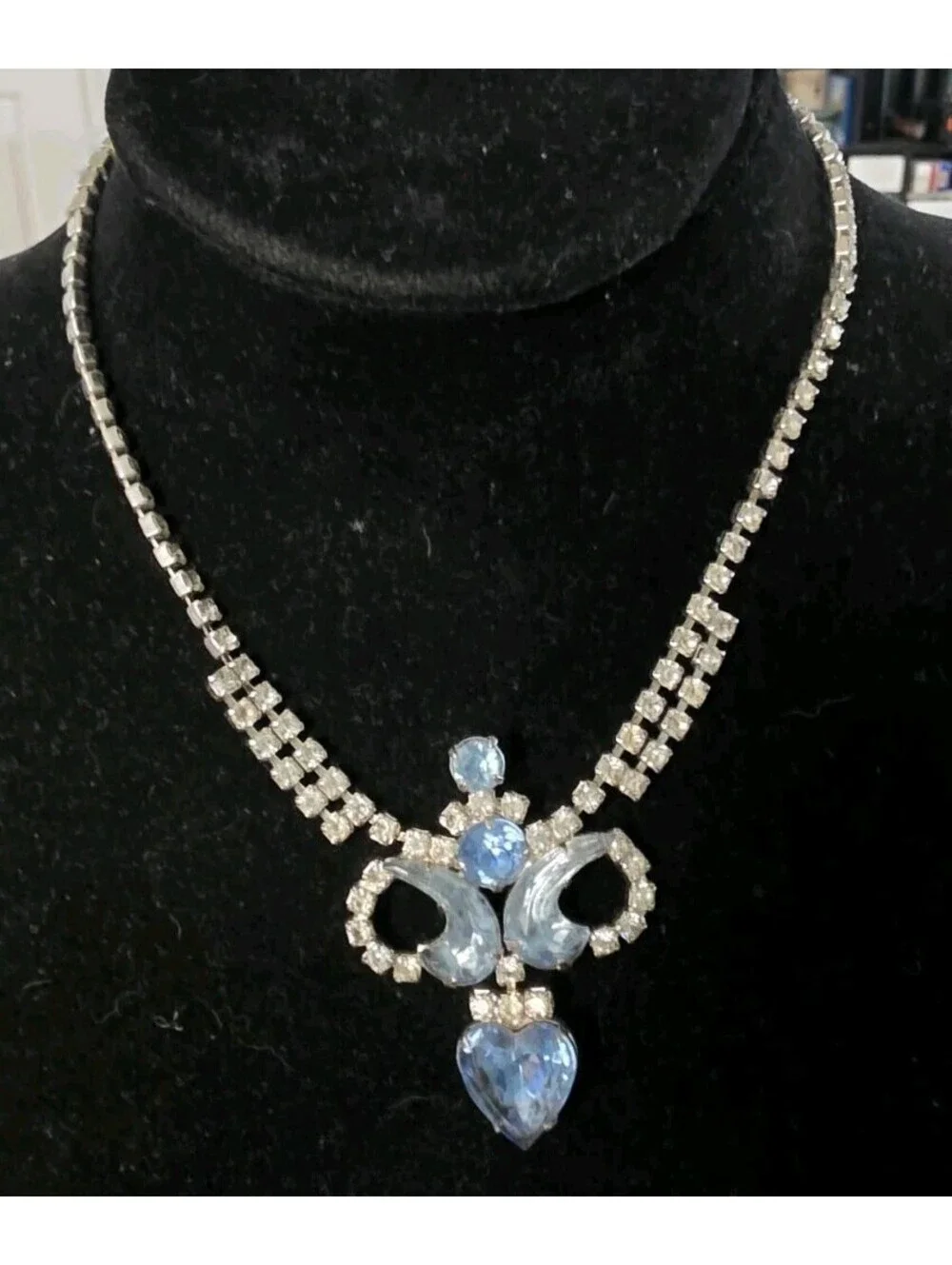 Rare Vintage Silvertone aqua rhinestones, Necklace Butterfly Fairycore